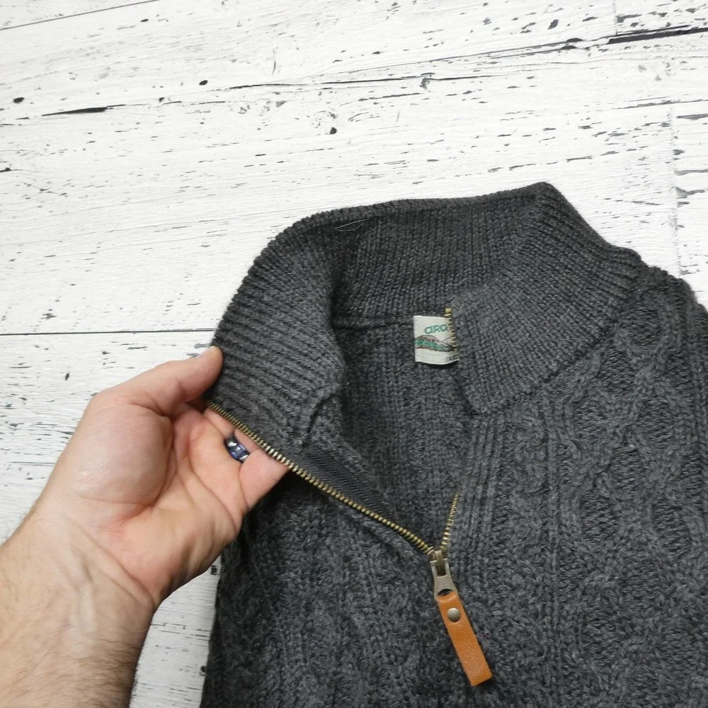 Aran Crafts Sweater Mens XL Gray Merino Wool Cable Knit 1/4 Zip Mock Neck Irish